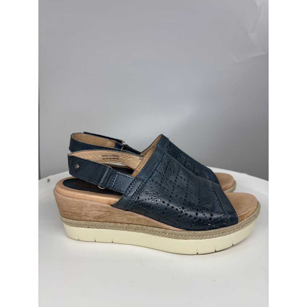 Pikolinos Cadaques Navy Blue Leather Perforated Wedge Sandals Spain 37